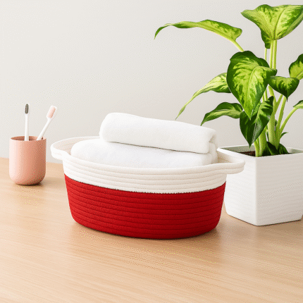 Alice Craft Cotton Storage Gift Basket For Home & Kitchen | Rectangle , Oval Basket| Foldable Packing Box | Durable | Multipurpose Basket | Ideal For Gift & Decoration (White , Navy) (White , Black) (White , Red)