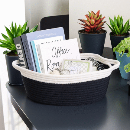Alice Craft Cotton Storage Gift Basket For Home & Kitchen | Rectangle , Oval Basket| Foldable Packing Box | Durable | Multipurpose Basket | Ideal For Gift & Decoration (White,Black)